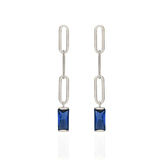 Sterling Silver Paperclip Stud CZ Blue Earrings