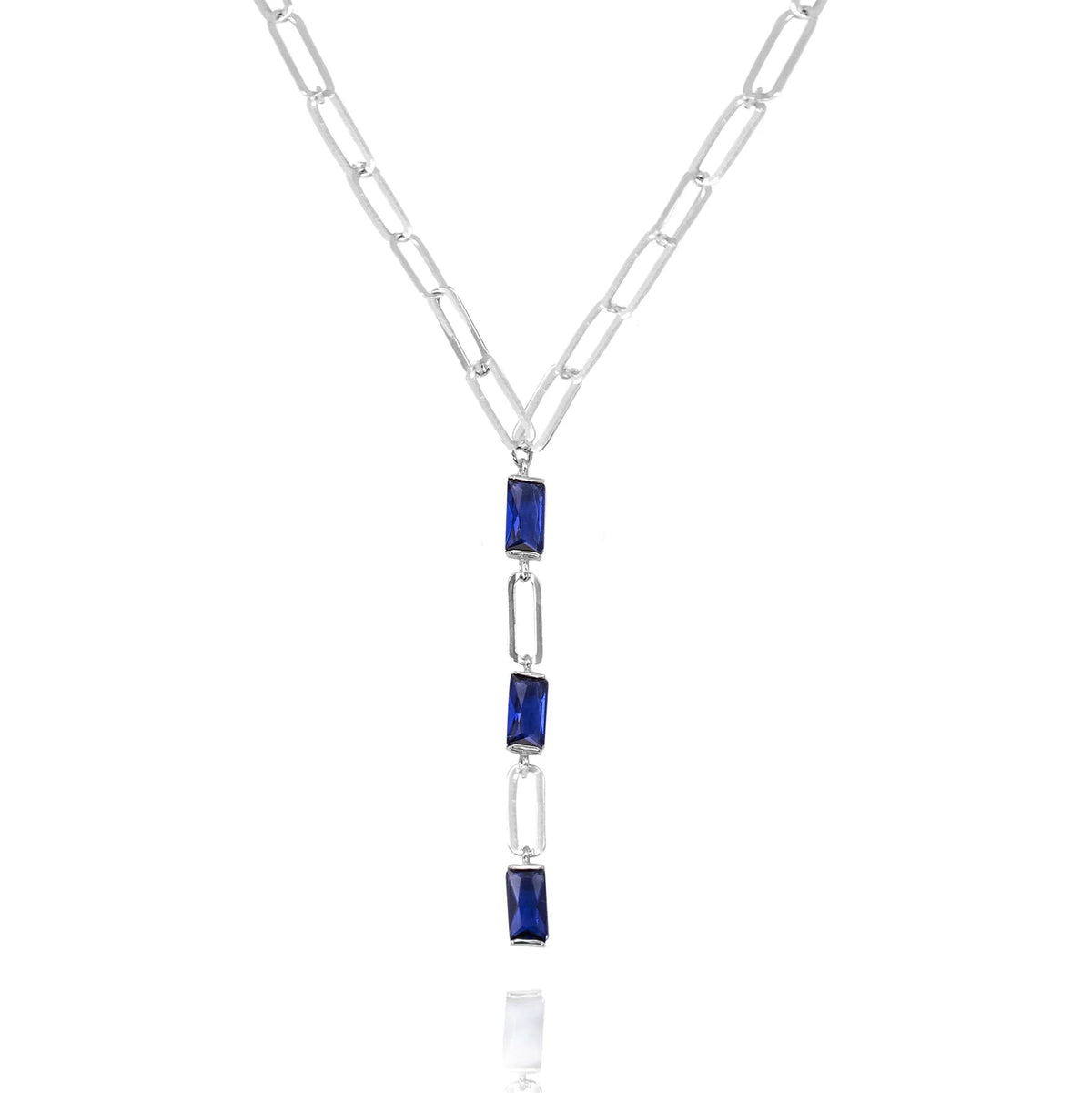 Sterling Silver paperclip Blue CZ Necklace