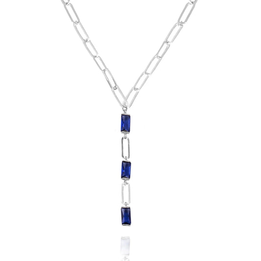 Sterling Silver paperclip Blue CZ Necklace