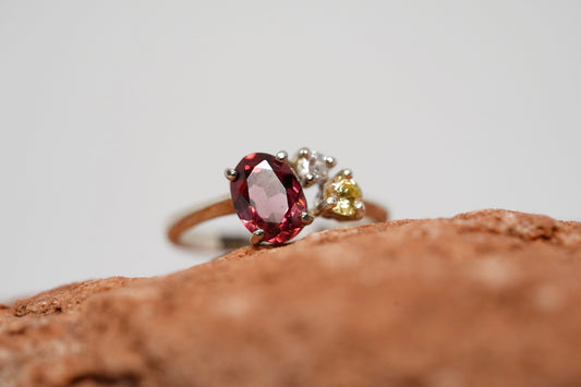 Diamond, Garnet and Sapphire 9ct White Gold Engagement Ring - Size K 1/2