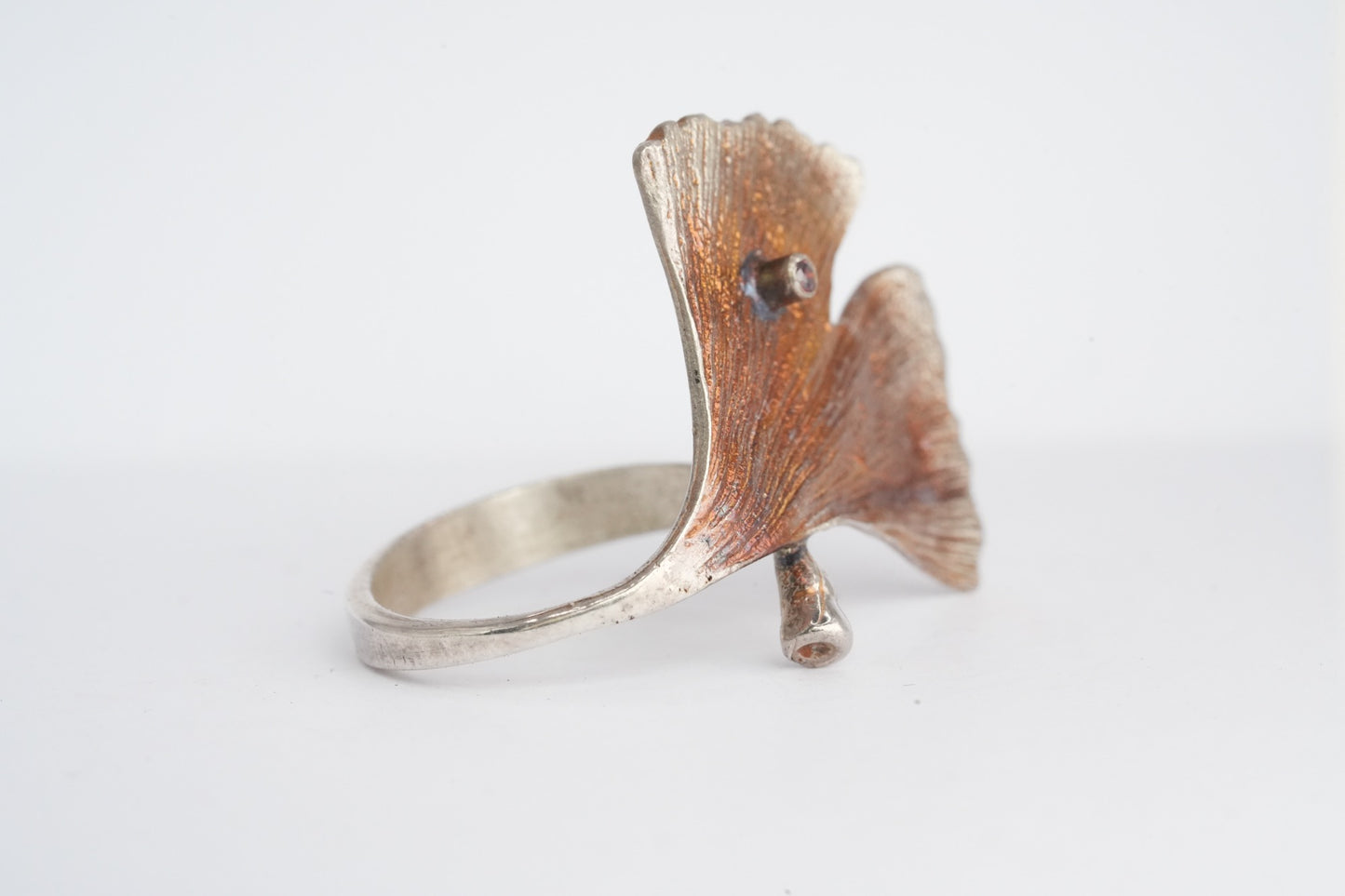 Silver Ginkgo Leaf and Ruby Ring