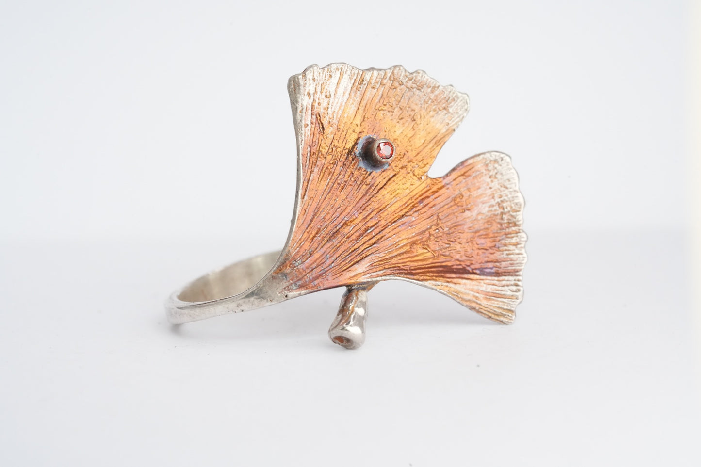 Silver Ginkgo Leaf and Ruby Ring
