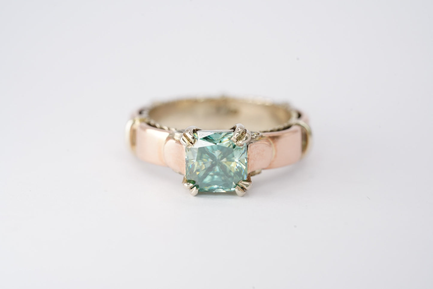 White and Rose Gold Blue Moissanite Modern Dress Ring