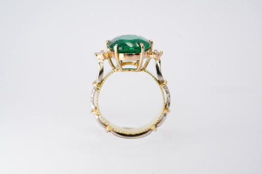 Emerald and Diamond Tri-Colour Modern Ring
